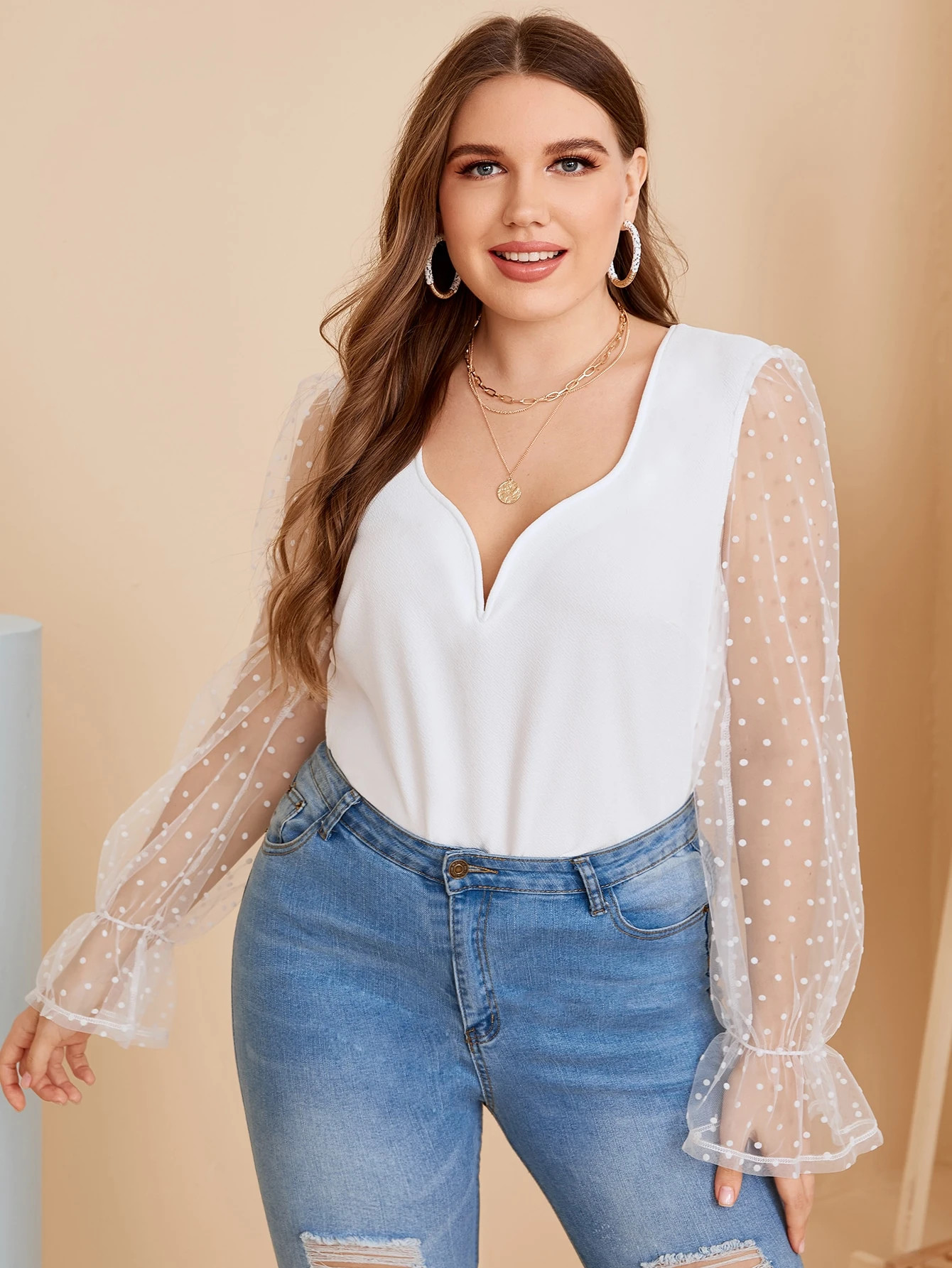 SHEIN Plus Sweetheart Neck Polka Dot Flocked Mesh Flounce Sleeve Top | SHEIN