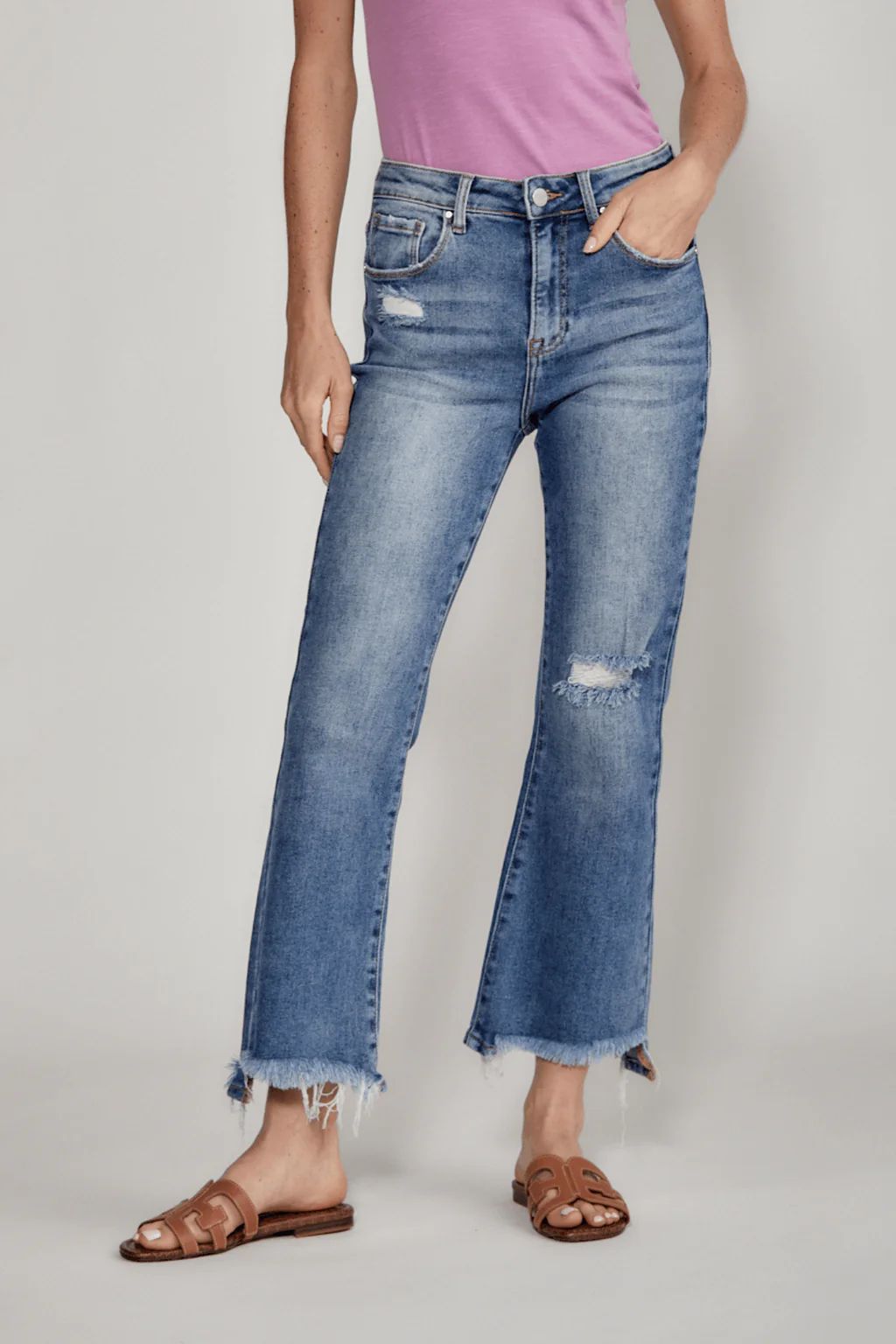 Risen Paige High Rise Distressed Kick Flare Jeans | Social Threads