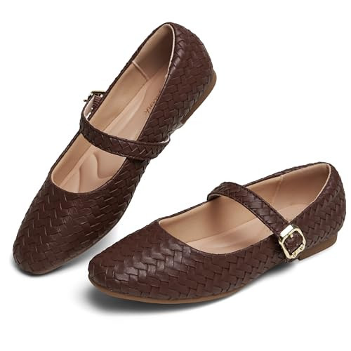 hingswink Brown Mary Jane Shoes Women Flats Shoes Ballet Flats Shoes with Strap Square Toe Buckle Shoes MaryJanes Shoes for Women Dressy Comfortable, PUCoffee7 | Amazon (US)