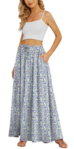 Yincro Women's Flowy Maxi Skirt Summer Pleated High Waisted Casual Long Skirts with Pockets (Blue Pink Florals, M) | Amazon (US)