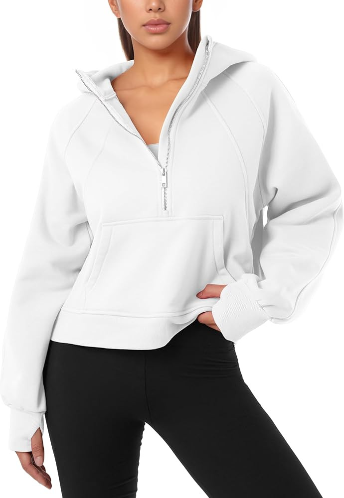 GIVON Womens Cropped Fleece-Lined Hoodie Quarter-Zip Pullover Sweatshirt with Thumb Hole | Amazon (US)