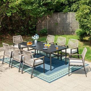 9-Piece Black Metal Patio Outdoor Dining Set with Rectangle Table and Woven Rope Chair with Beige Cushions | The Home Depot