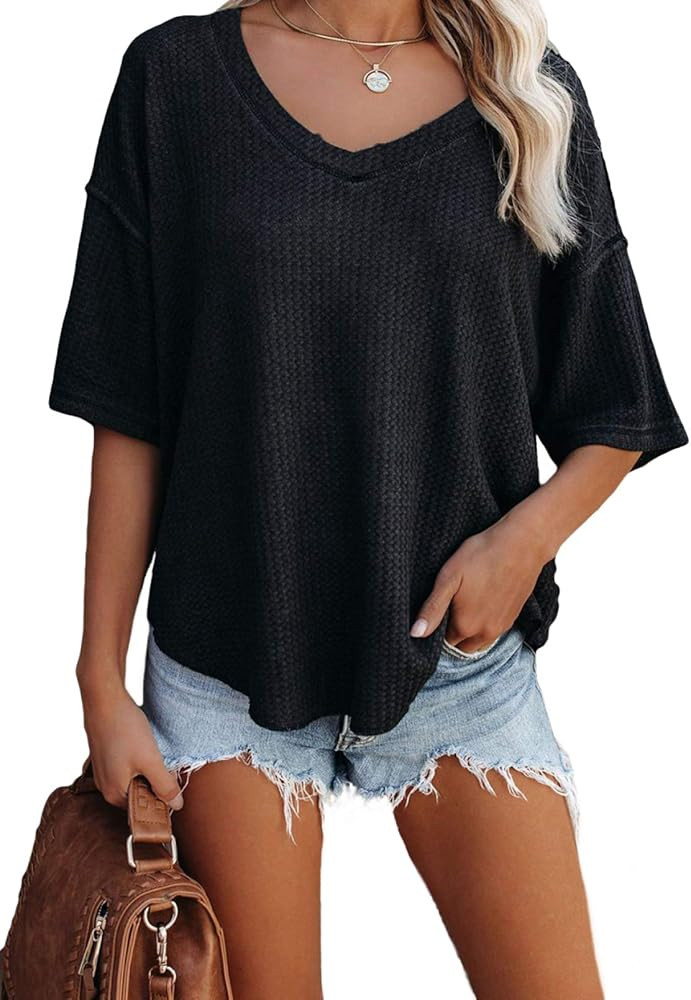 Dokotoo Women's Causual V Neck Short Sleeve Shirts Waffle Knit Loose Tunic Tops Blouses | Amazon (US)