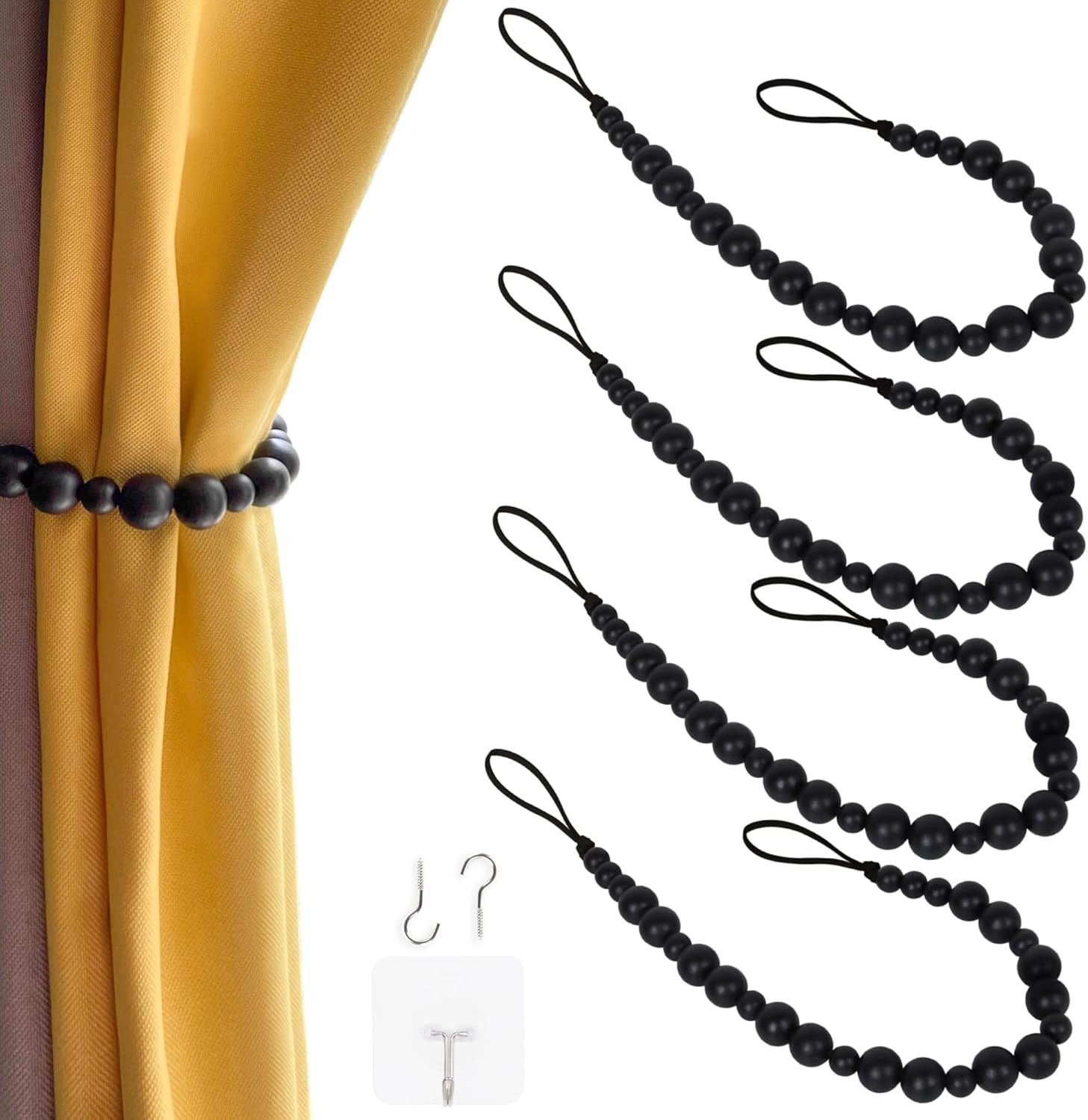 4 Pieces Wood Bead Curtain Tieback Boho Curtain Tiebacks Curtain Holdbacks for Wall Curtain Ties ... | Amazon (US)