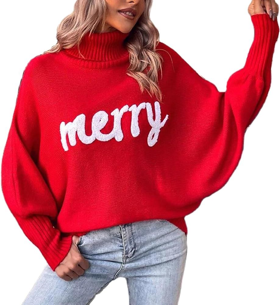 Muineobuka Women Merry Sweaters Turtleneck Long Sleeve Letter Print Loose Knitted Pullover Merry ... | Amazon (US)