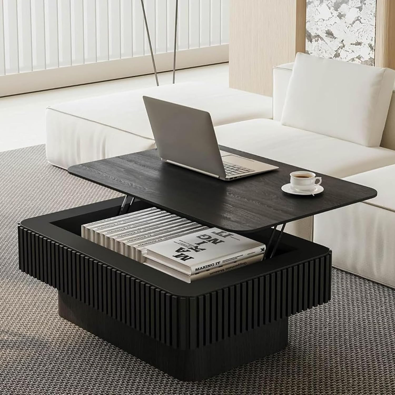 Fluted Lift Up Coffee Tables with Storage,38.6'' Coffee Table with Lift Top, Modern Smart Rectangle Lifts Up Tabletop for Living Room, Apartment or Office-Black | Amazon (US)