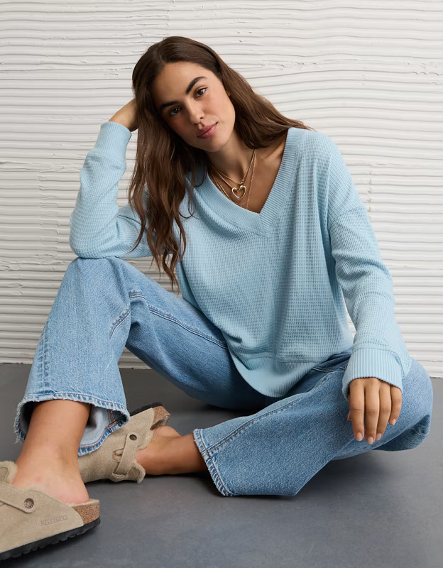 AE Long Sleeve Plush V-Neck Top | American Eagle Outfitters (US & CA)