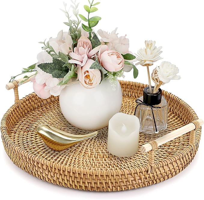 Hipiwe Round Rattan Serving Tray with Handles Wicker Tray Coffee Table Decorative Tray Hand Woven... | Amazon (US)