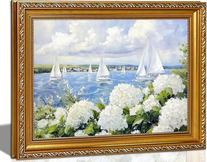 Gold Framed Coastal Wall Art sailboat White Hydrangea Wall Decor 9x11in | Blue White Nautical Pos... | Amazon (US)
