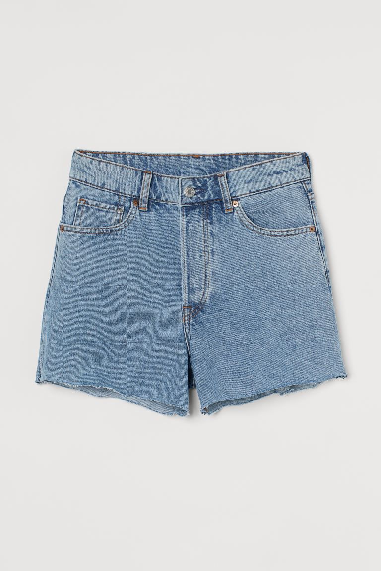 Short, 5-pocket shorts in washed, slightly stretchy cotton denim. High waist, zip fly, and raw ed... | H&M (US)