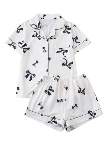 SHENHE Women's Pajama Set Bow Print Short Sleeve Button Down Sleep Shirt Pj Shorts Loungewear White X-Large | Amazon (US)
