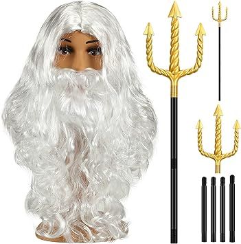 Wig and Beard Set Trident Santa Hair Beard Fancy Dress Costume Halloween Cosplay Golden Spear Pro... | Amazon (US)