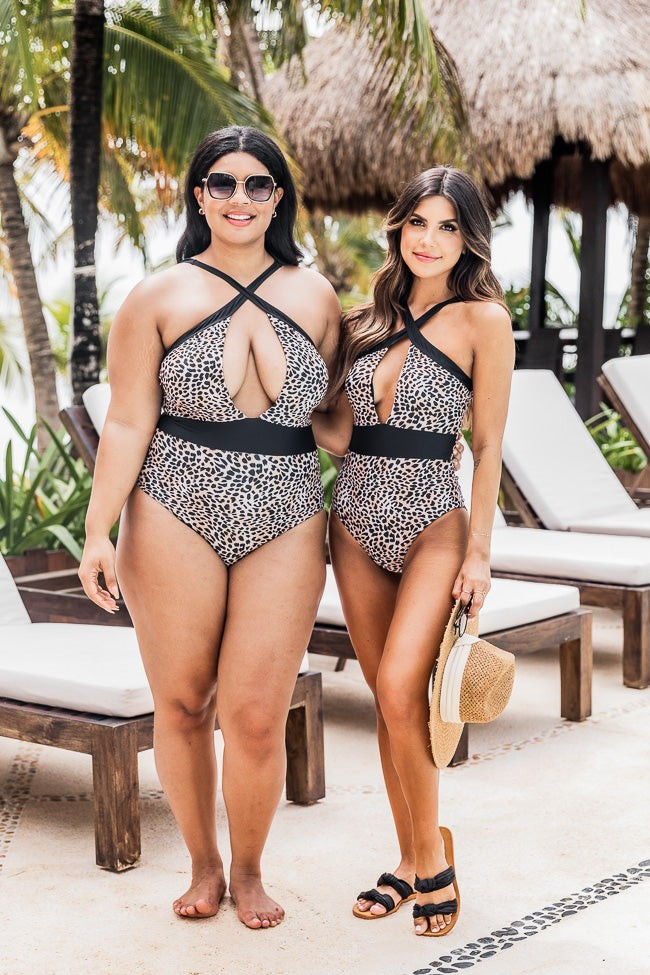 Sunlit Bungalow Black Halter Animal Print One Piece Swimsuit | Pink Lily