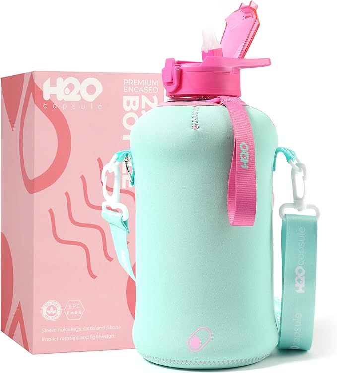 H2O Capsule 2.2L Half Gallon Water Bottle with Storage Sleeve and Covered Straw Lid – BPA Free ... | Amazon (US)