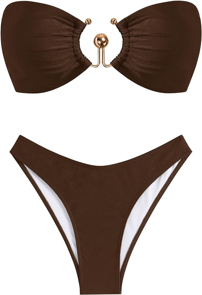 ZAFUL Womens Bandeau Bikini Set Metallic Sparkly O Ring Lace Up High Cut Tanga sexy bathing suit ... | Amazon (US)