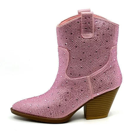 Forever Women Cowgirl Cowboy Western Ankle Boots Pointy Toe Rhinestone Bling Short Booties RIVER-01 Pink 8.5 | Walmart (US)