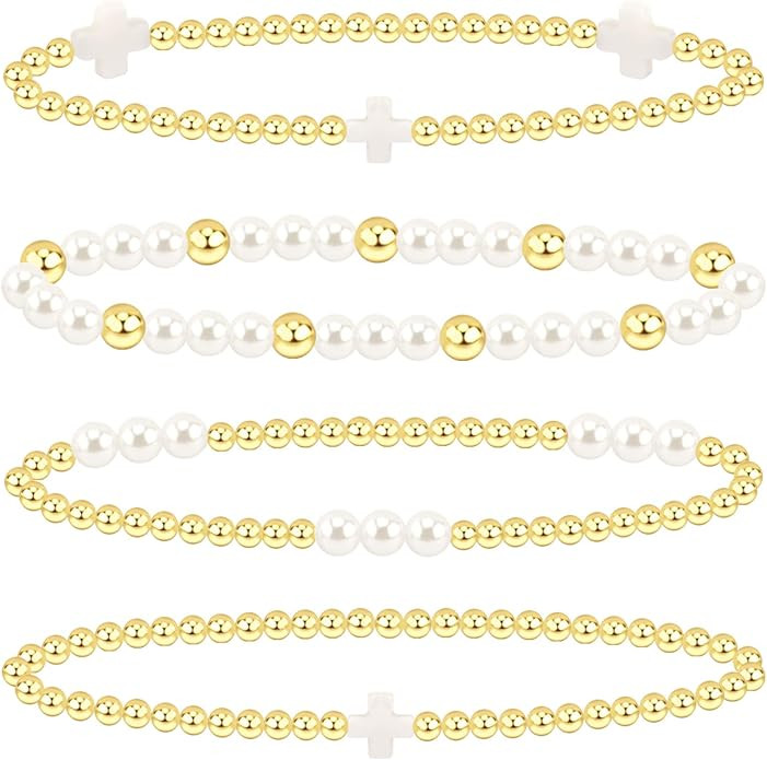 14K Gold Plated Stackable Beaded Bracelets for Women - 4Pcs Cross & Pearl Stretch Bracelet Stack,... | Amazon (US)