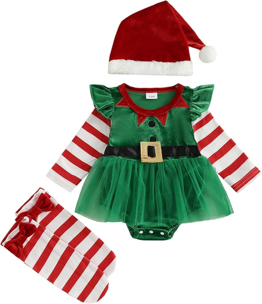 Baby Girls 1st Christmas Outfit Velvet Romper Tulle Dress Striped Stockings Santa Hat 3PCS Newbor... | Amazon (US)