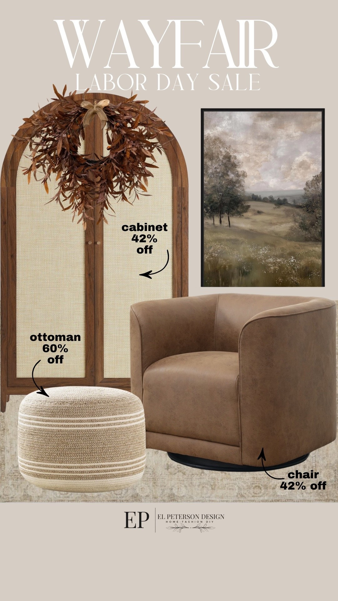 Wayfair
Artwork
Accent Chair
Rug
Wreath
Tall cabinet 
Ottoman

#LTKHome #LTKSaleAlert