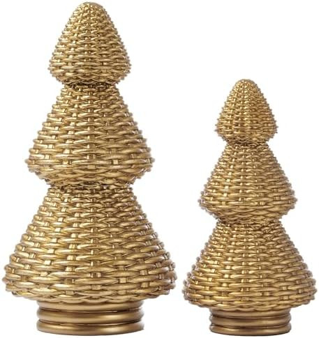 DN DECONATION Gold Christmas Tree Figurines, Natural Rattan Style Tabletop Christmas Decor, Set o... | Amazon (US)