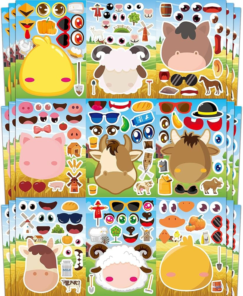 36 Pcs Farm Animals Make-A-Face Sticker Sheets | Mix & Match Your Own Farm Animal Stickers for Ki... | Amazon (US)