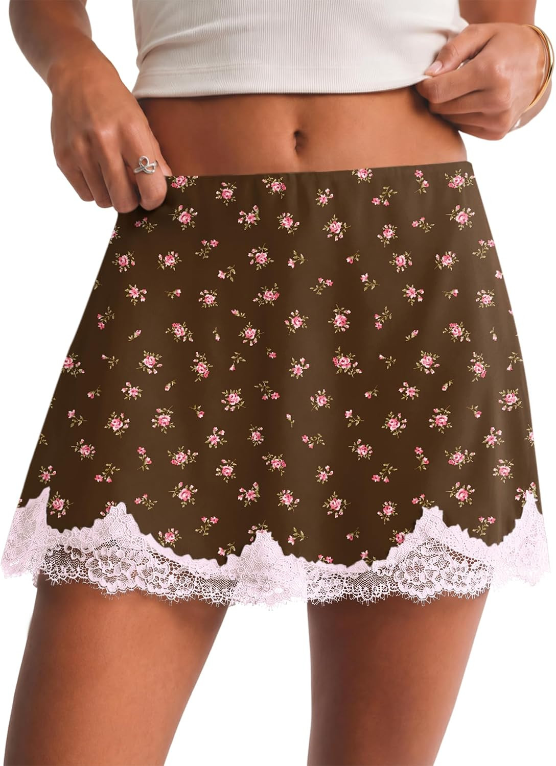 LOMON Women Lace Hem Satin Mini Skirt with Built-in Shorts | Amazon (US)