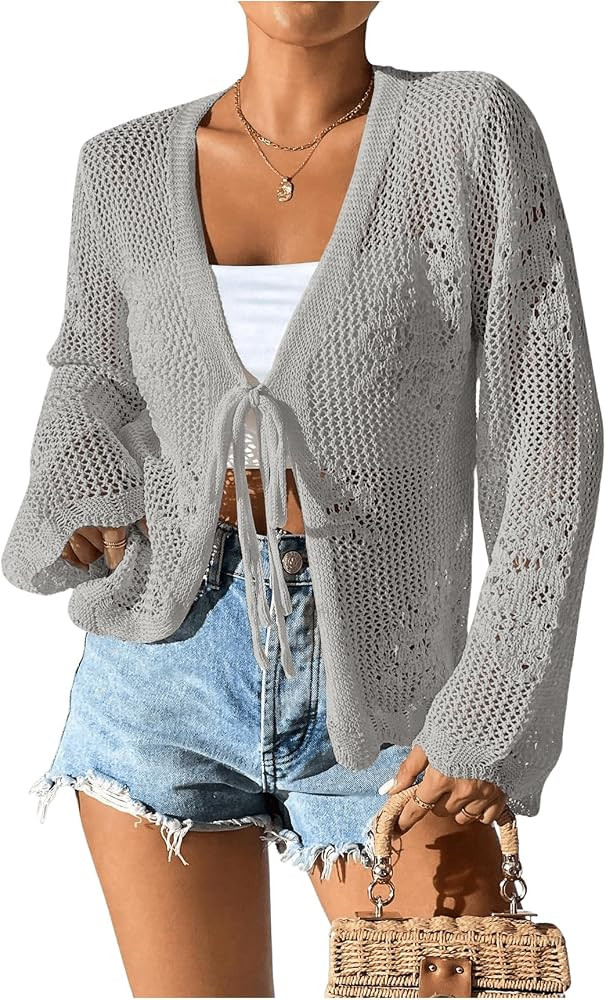 Floerns Women's Tie Front Crochet Lightweight Long Sleeve Cardigan Sweaters Boho Beach Hollow Out... | Amazon (US)