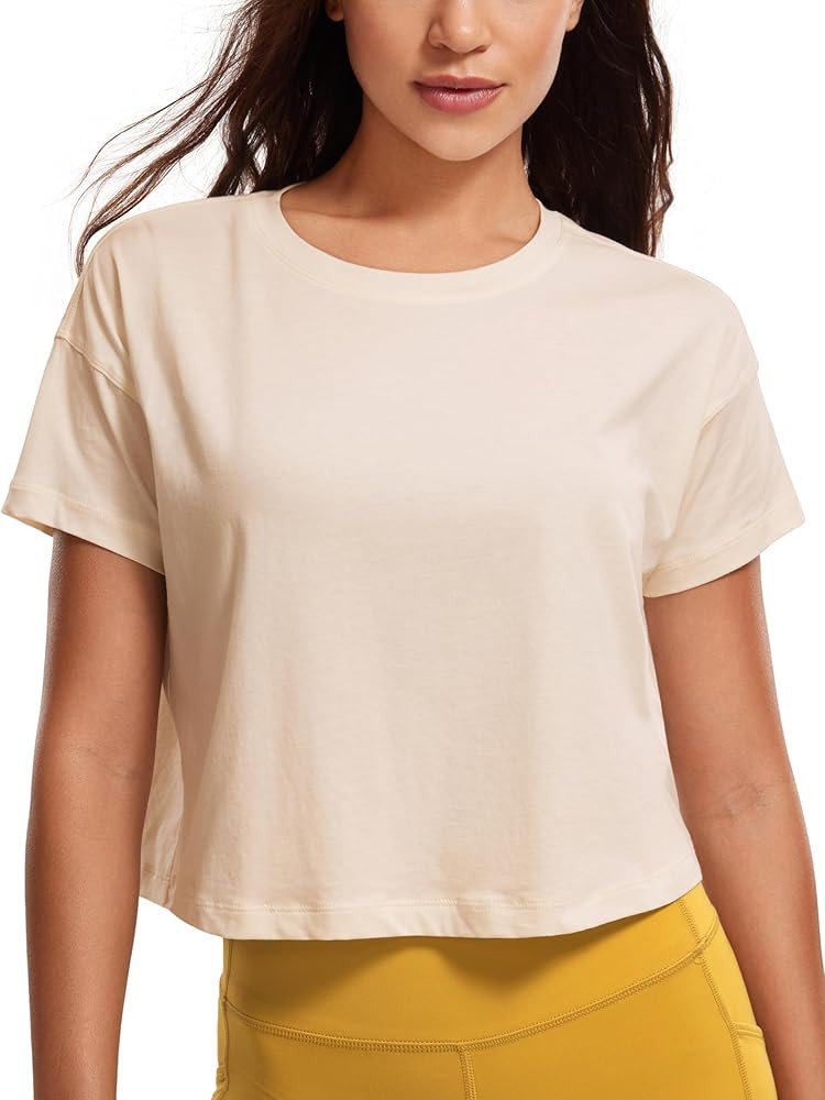 CRZ YOGA Women's Pima Cotton Workout Short Sleeve Shirts Loose Crop Tops Athletic Gym Shirt Casua... | Amazon (US)