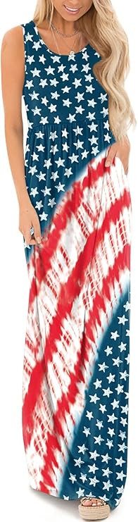 For G and PL Women's 4th of July American Flag Sleeveless Tank Maxi Dress with Pockets | Amazon (US)