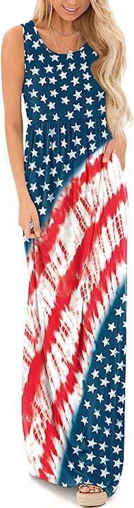 For G and PL Women's 4th of July American Flag Sleeveless Tank Maxi Dress with Pockets | Amazon (US)