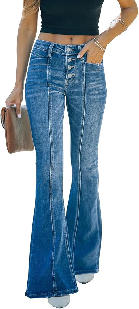 KUNMI Women's Flare Bell Bottom Jeans High Waisted Wide Leg Bootcut Jeans Stretchy Denim Pants | Amazon (US)
