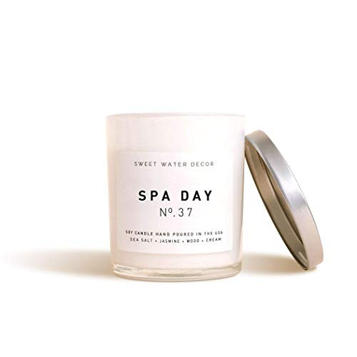 Spa Day Natural Soy Wax Candle White Jar Silver Lid Scented Summer Sea Salt Jasmine Wood Cream Ba... | Amazon (US)