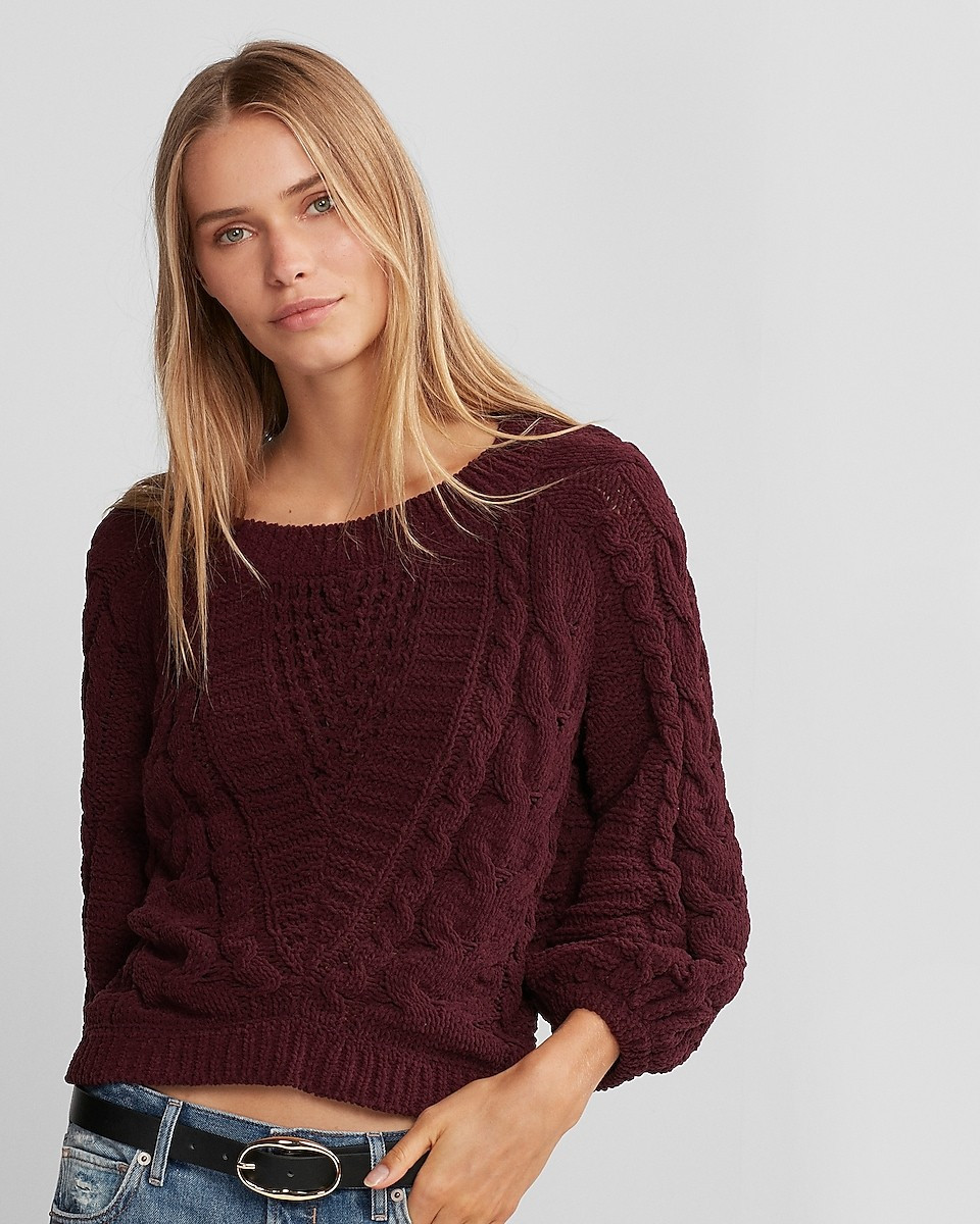Cable Knit Chenille Boat Neck Balloon Sleeve Sweater | Express