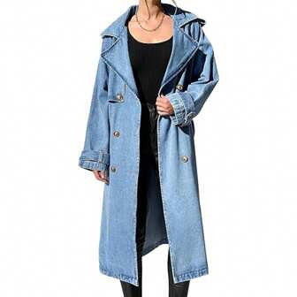 BZB Women's Long Double Breasted Denim Jacket Oversized Button Down Maxi Jean Coat Classic Lapel Outercoat | SHEIN