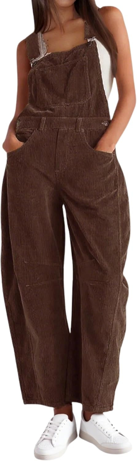 Corduroy Overalls for Women Barrel Wide Leg Bib Jumpsuit with Pockets | Amazon (US)
