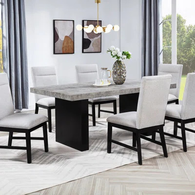 7Pc Dining Set Weathered Gray Rectangular Table Base Upholstered Chair Wooden Dining Room Furniture | Wayfair North America
