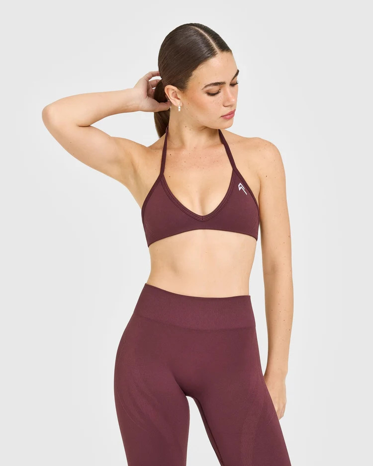 EnhanceLift\u2122 Seamless Minimal Halter Neck Bralette with White Logo 
 Velvet Mocha | Oner Active (UK / US)