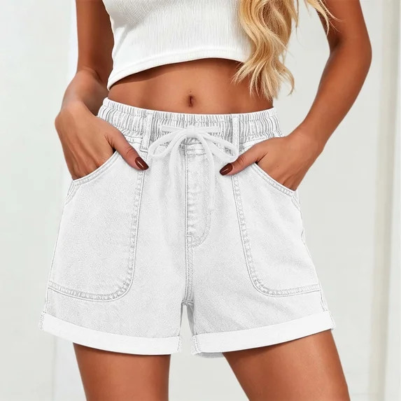Sokhug Denim Shorts for Women Elastic Waist Drawstring Rolled Cuffs with Pockets Casual Summer Je... | Walmart (US)