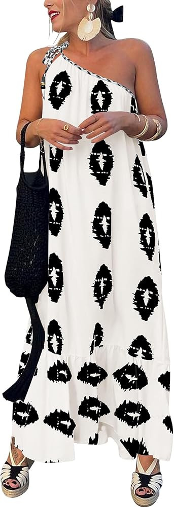 PRETTYGARDEN Women's Summer One Shoulder Maxi Dresses Printed Flowy Boho Beach Vacation Long Sund... | Amazon (US)