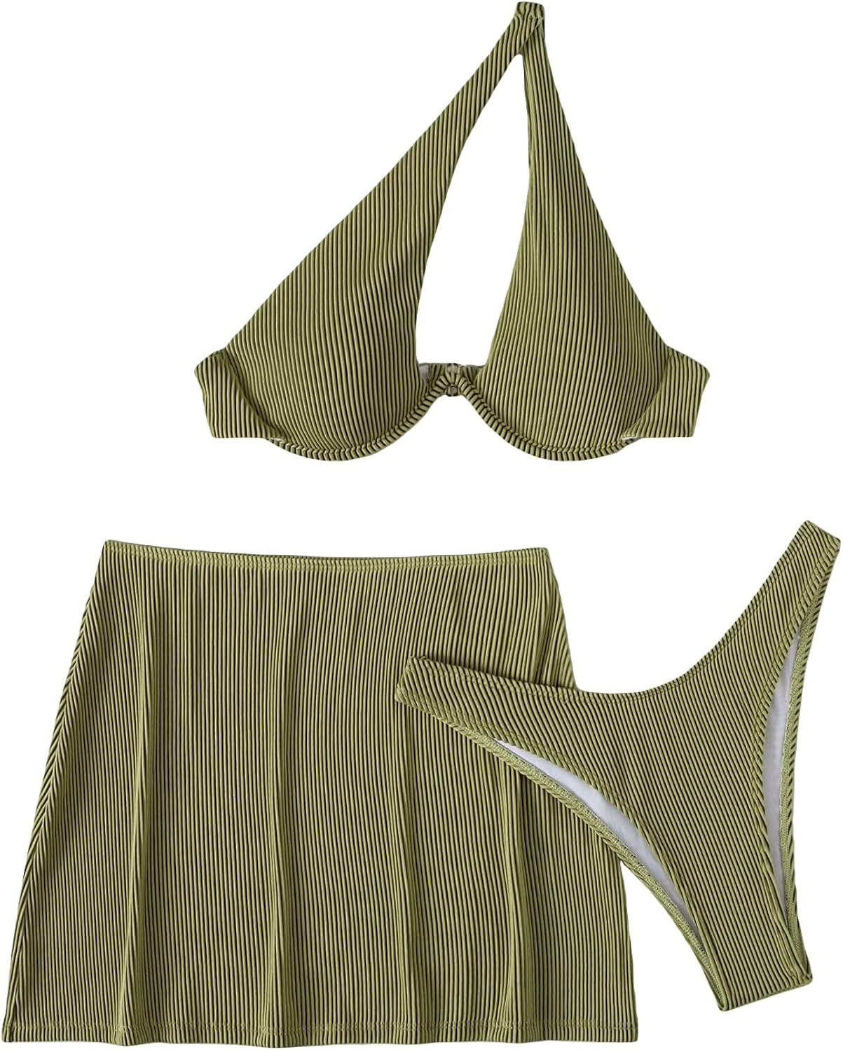 GORGLITTER Women's 3 Piece One Shoulder Swimsuit Cut Out Rib Knit Bikini Set with Cover Up Skirts | Amazon (US)