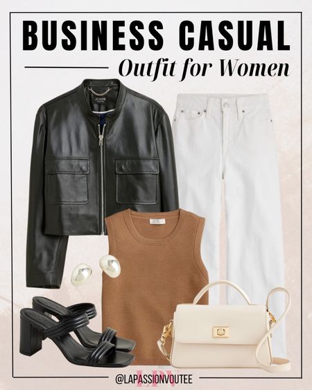 Unleash your edgy sophistication with this ensemble! Layer a sleek lady leather jacket over a chic sleeveless sweater for a bold statement. Pair with flattering slim wide-leg jeans, accentuated by striking orb earrings. Complete the look with double ankle-strap heels and a sophisticated top handle bag for ultimate style.

#LTKSeasonal #LTKworkwear #LTKstyletip