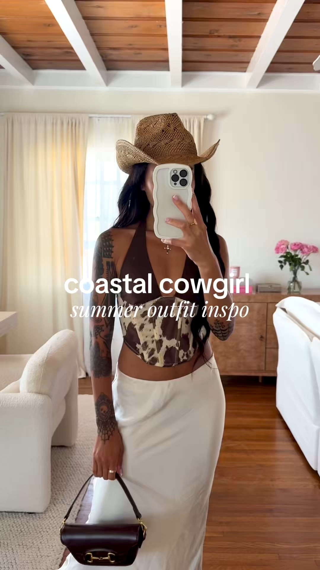 Channeling coastal cowgirl vibes with this chic western-inspired fit! This cow-print corset top pairs perfectly with a silky white maxi skirt, brown cowboy boots, and a straw hat for that laid-back yet elevated summer style. Finished with a mini brown bag for the ultimate trendy touch. Shop the full look below and bring a bit of cowgirl glam to your warm-weather wardrobe! 🤎✨

#LTKSeasonal #LTKStyleTip #LTKPetite