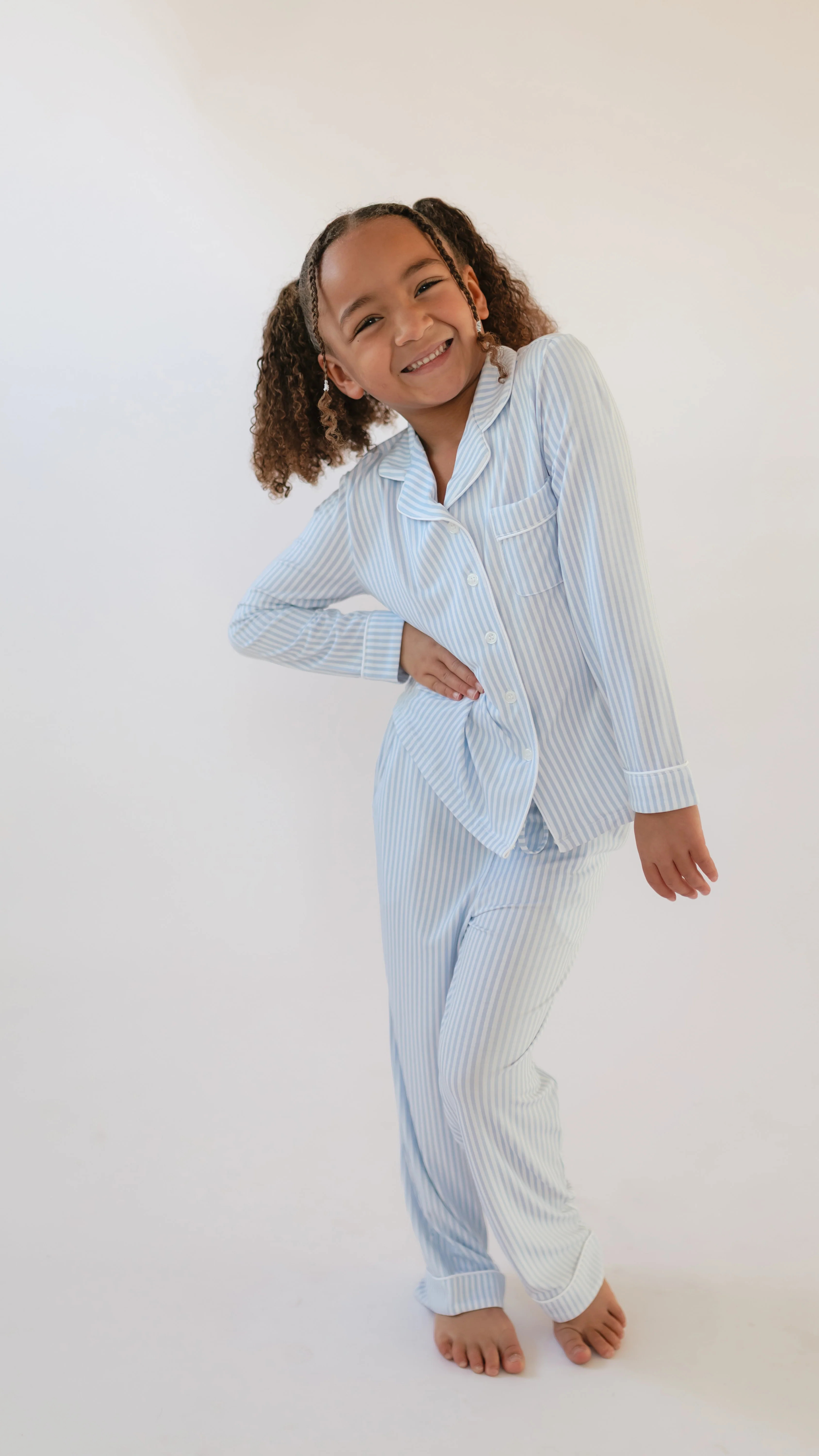 Girl's Button Up Set in Blue Pin Stripes | Silks Design