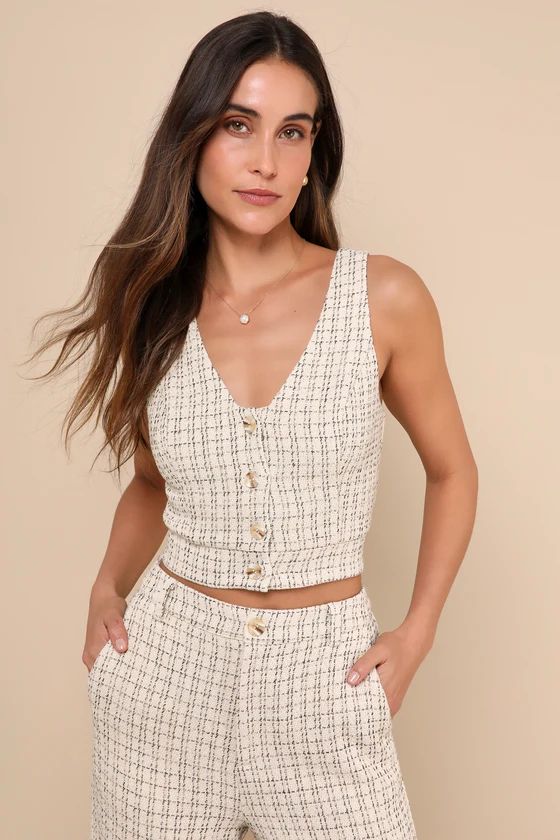 Posh Perception Ivory and Black Plaid Tweed Cropped Button Top | Lulus