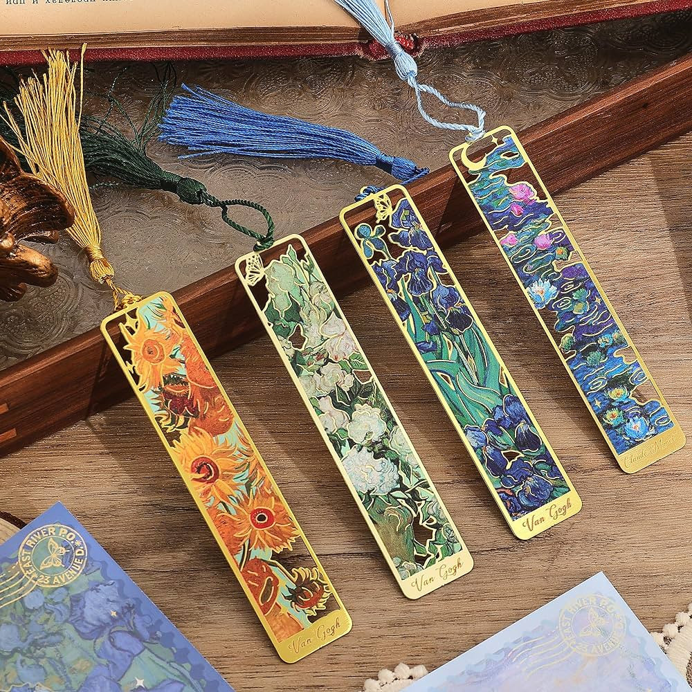 4 Pieces Metal Bookmarks with Tassel, Golden Hollow Bookmark Van Gogh Oil Painting Theme Book Mar... | Amazon (US)
