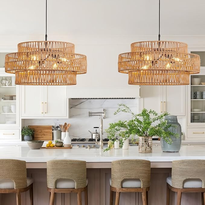 3-Tier Large Rattan Chandeliers, 22.8in Boho Coastal Pendant Lights, Wicker Hanging Ceiling Light... | Amazon (US)