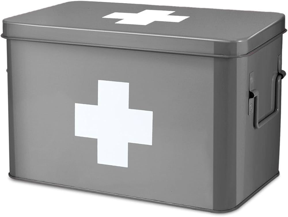 Flexzion First Aid Medicine Box Supplies Kit Organizer - Empty 13" Gray Metal Tin Medic Storage B... | Amazon (US)
