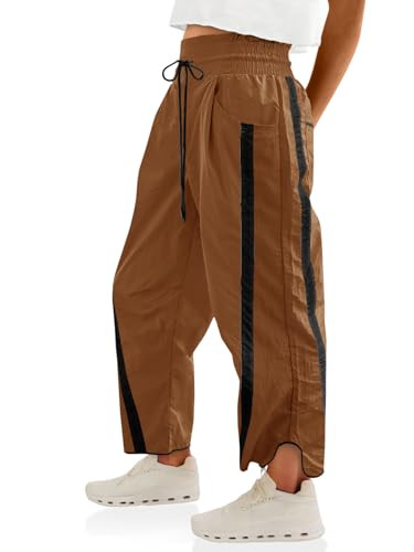 Fisoew Women's Baggy Wide Leg Pants Casual Drawstring Elastic Waisted Contrast Color Workout Y2K Track Pants Camel | Amazon (US)