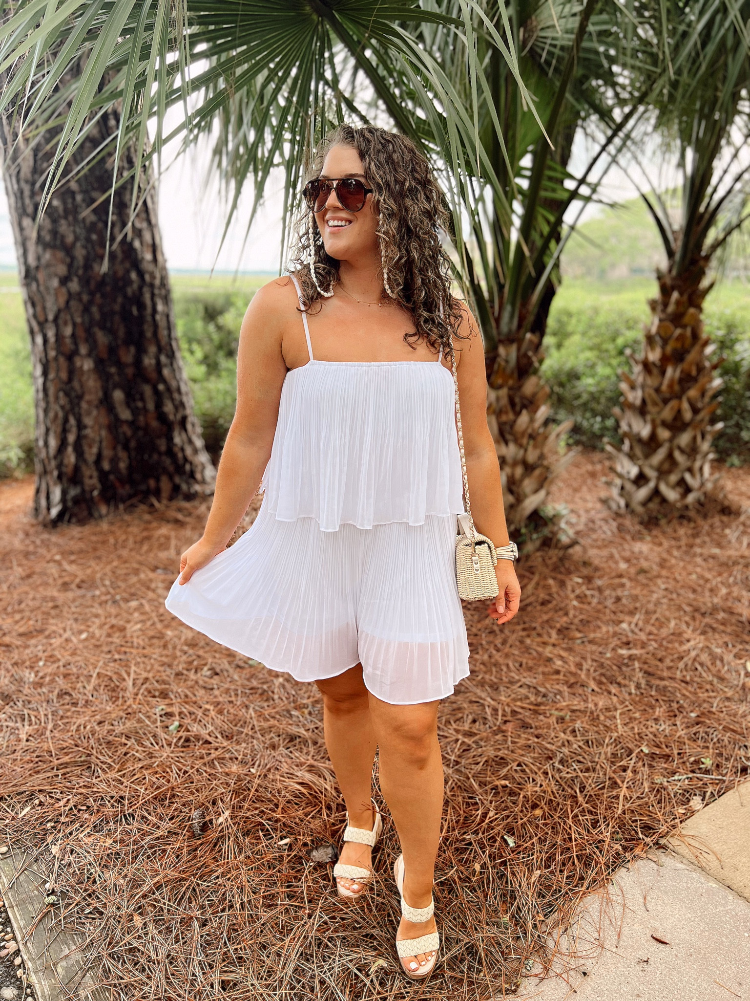 Vacation brunch outfit 🐚✨🤍 
Romper: XL 
#midsizeoutfits #romper #brunchoutfit #vacationoutfit #resortwear #styleinspo #ootd #affordablefashion #sunglasses #wedges 

#LTKcurves #LTKstyletip #LTKSeasonal