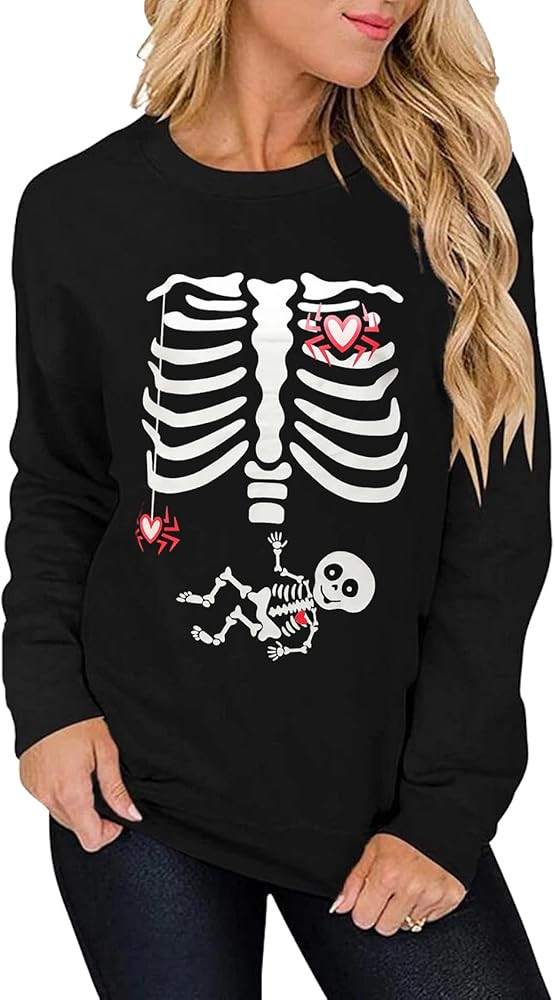 Women's Halloween Costume Pumpkin Skeleton T-Shirt Funny Long Sleeve Pullover Tops for Ladies | Amazon (US)